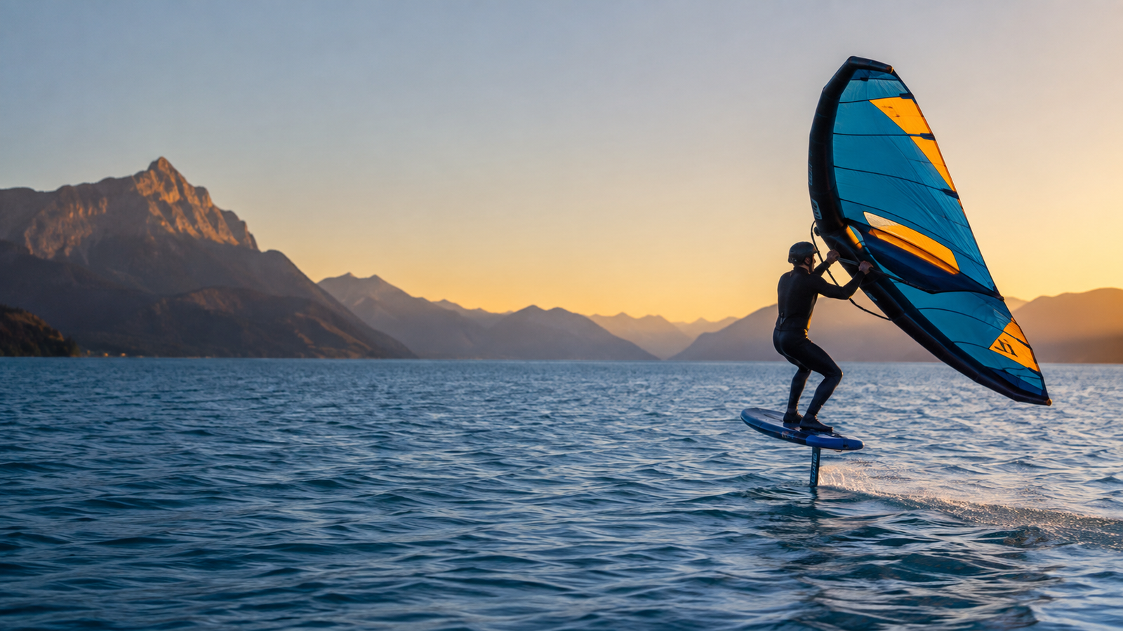 Wingfoiler auf einem Bergsee